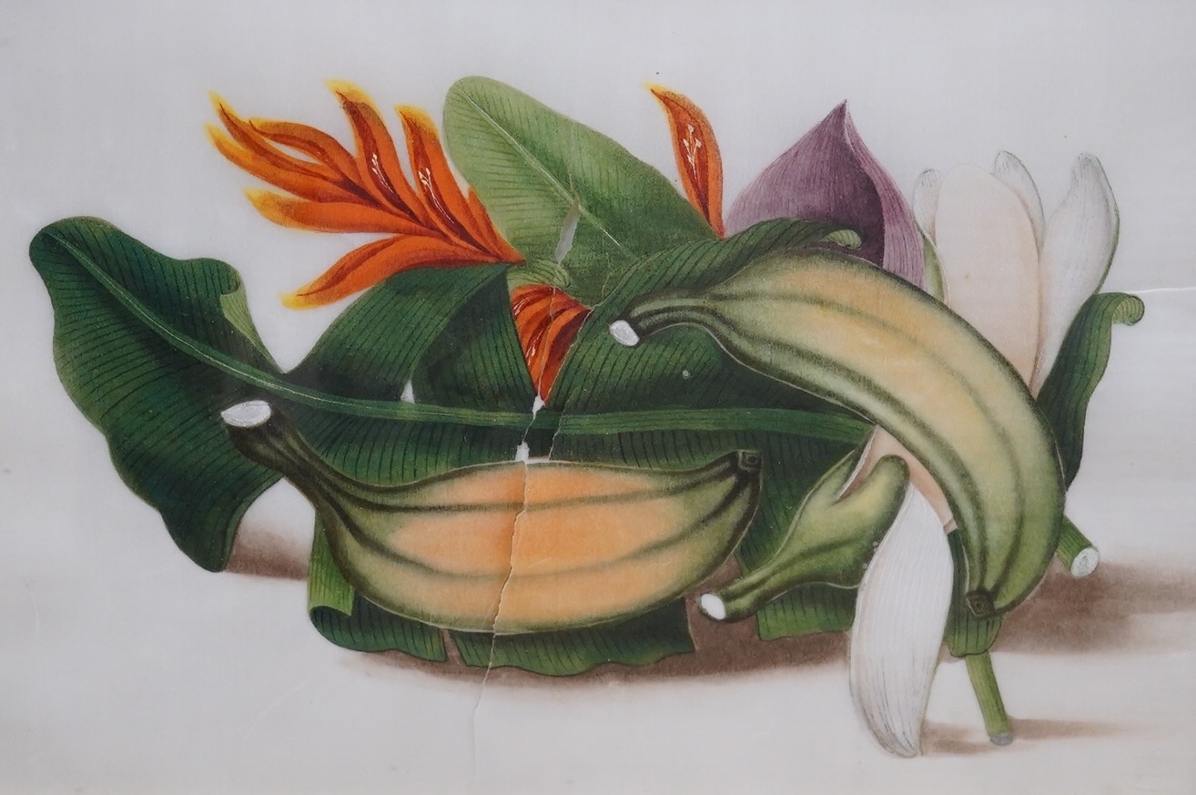 Mid 19th century, Chinese School, set of four pith paintings, Still lifes of fruit and vegetables, 18 x 26cm. Condition - poor, rips to the paper